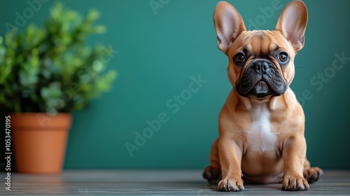A cute brown dog is sitting on a wooden table in front of a green plant. Generative AI