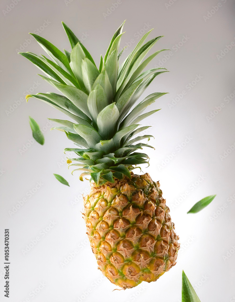 Fototapeta premium Pineapple fruits with leaves floating or flying isolated white background