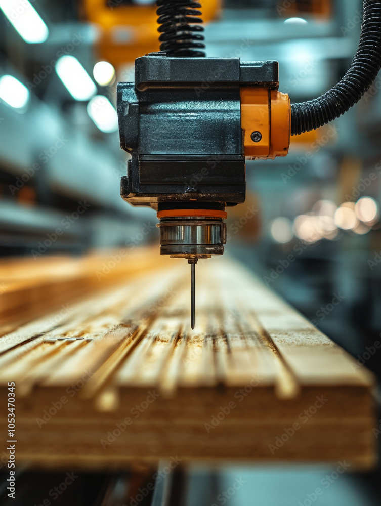 CNC machine processing wood in industrial setting. CNC machine processing wood in industrial setting.