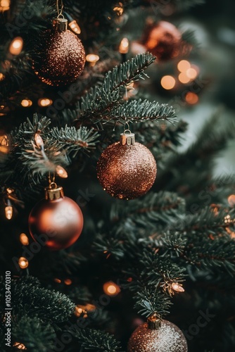 Close-up of a christmas pine tree adorned with glistening baubles and warm, inviting lights, evoking the festive spirit photo