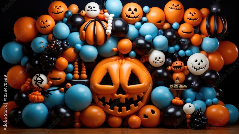 Fototapeta premium big pumpkin face with light blue balloons, orange balloons, black balloons