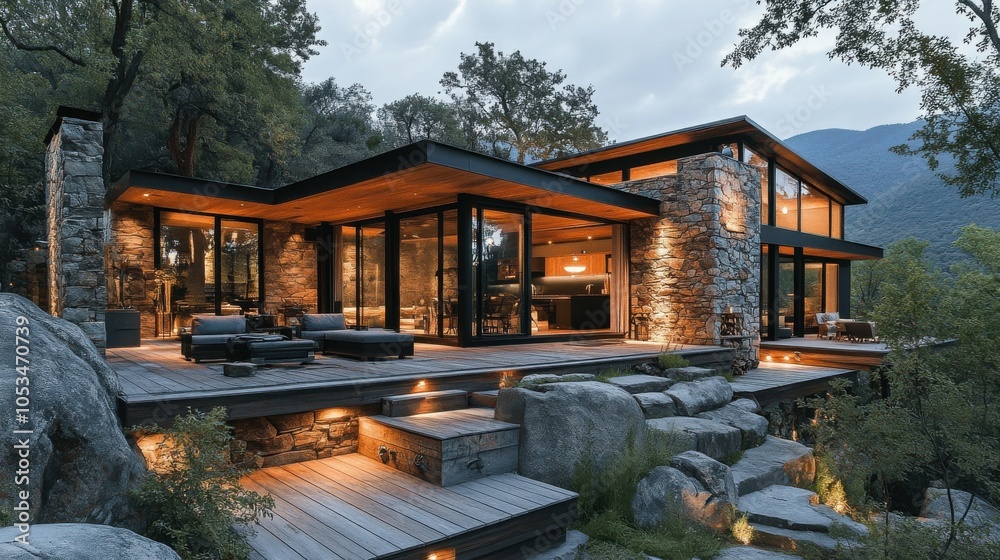 Mountain retreat with a stone exterior and large deck. Mountain retreat with a stone exterior and large deck.