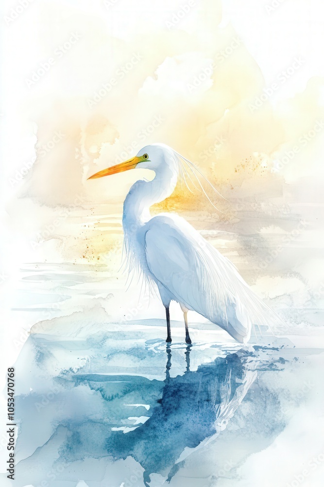 Obraz premium Watercolor painting of a white heron standing in shallow water with its reflection visible, set against a backdrop of a serene sunset