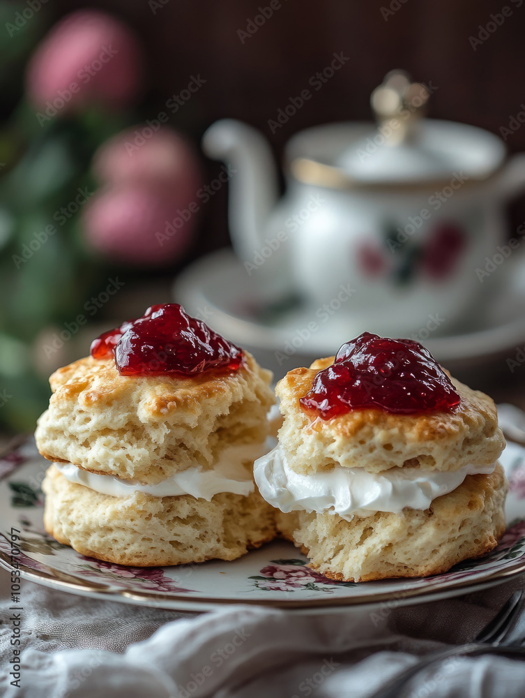 Scones with jam and cream next to a teapot. Scones with jam and cream next to a teapot.