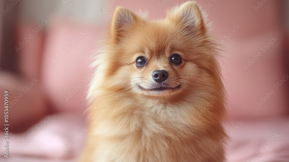 A fluffy dog with a pink background. Generative AI A fluffy dog with a pink background. Generative AI
