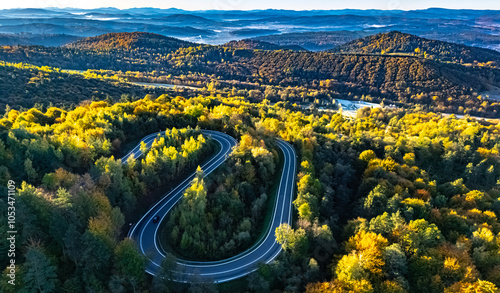 Fototapeta Naklejka Na Ścianę i Meble -  Serpentine road in Slonne Mountains near Sanok, Poland