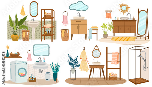 Bathroom and toilet interiors in Scandinavian style. Bath and closet rooms with washbasins, sinks, mirrors, shower, cabinets and plants. Flat vector illustration isolated on white background