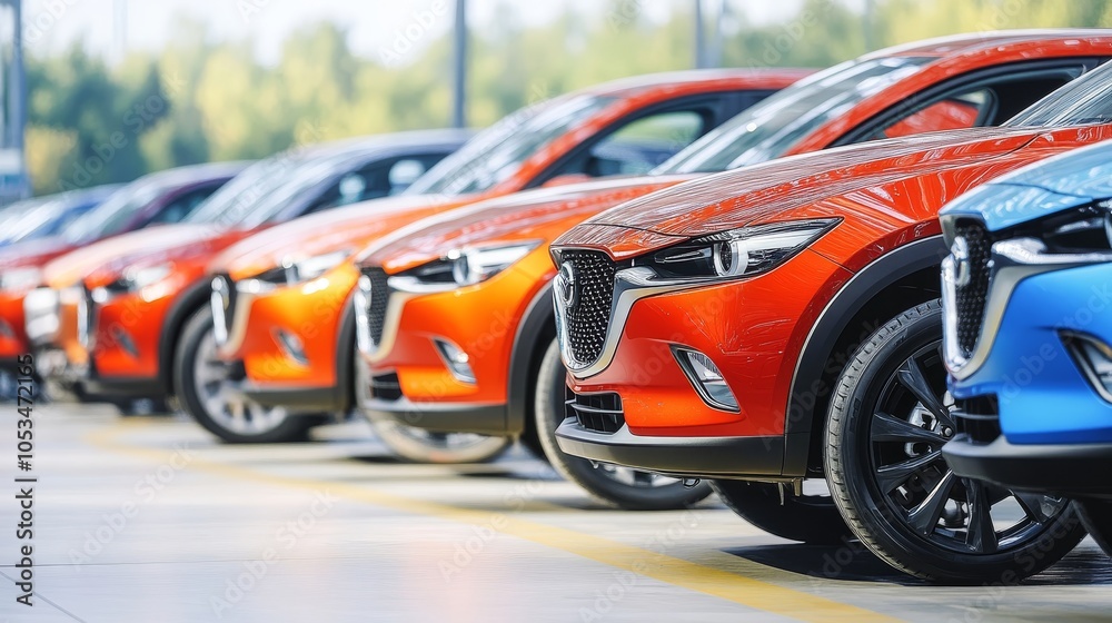 New Cars Parked in a Row at Dealership. Automotive Industry, Vehicle Shipment, Trade Show New Cars Parked in a Row at Dealership. Automotive Industry, Vehicle Shipment, Trade Show