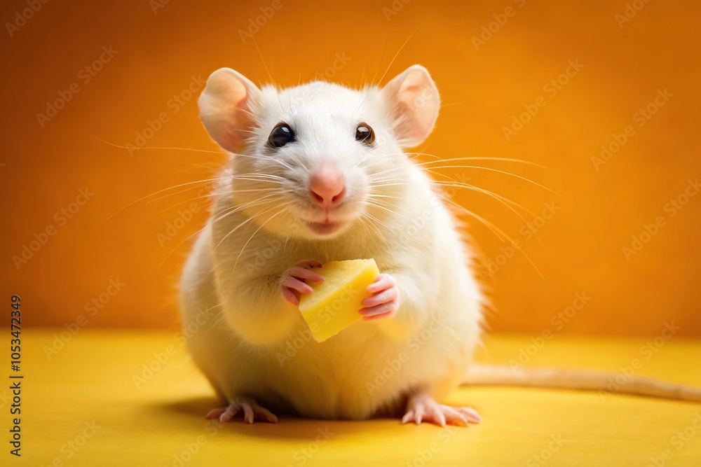 Fototapeta premium White rat holding cheese on yellow background