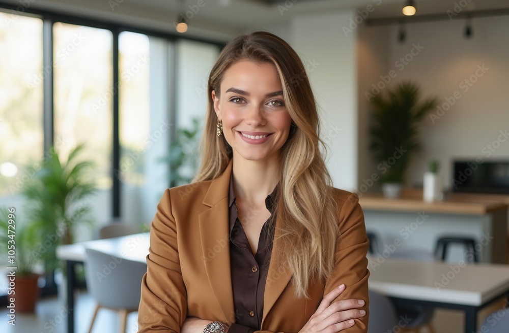 Confident young woman in a brown blazer smiles warmly in a modern office setting with plants and natural light Confident young woman in a brown blazer smiles warmly in a modern office setting with plants and natural light