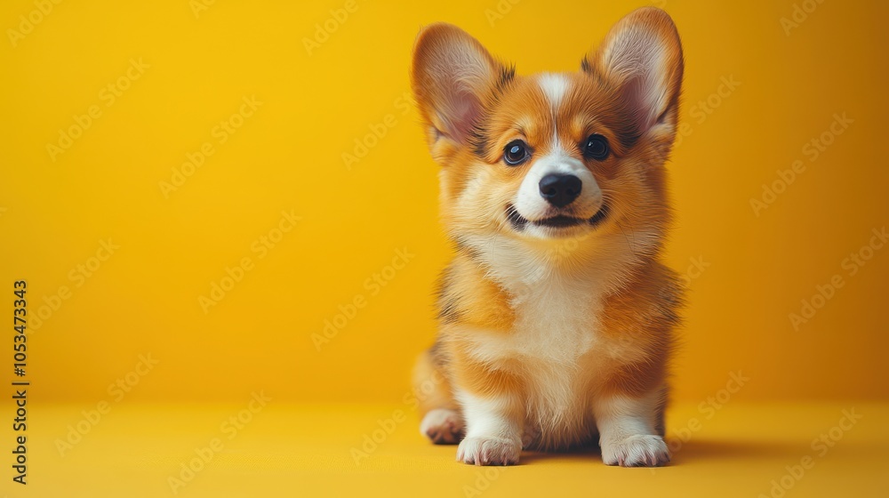 A cute little dog with a big smile on its face is sitting on a yellow surface. Generative AI A cute little dog with a big smile on its face is sitting on a yellow surface. Generative AI