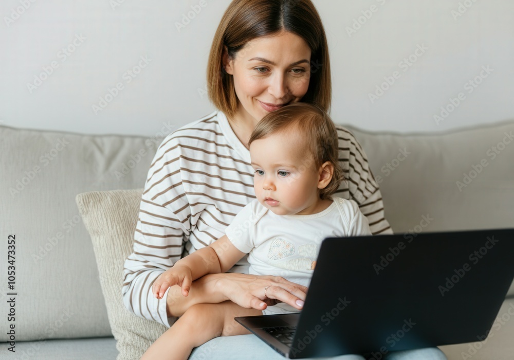Mother working from home while holding her baby on her lap and using a laptop Mother working from home while holding her baby on her lap and using a laptop