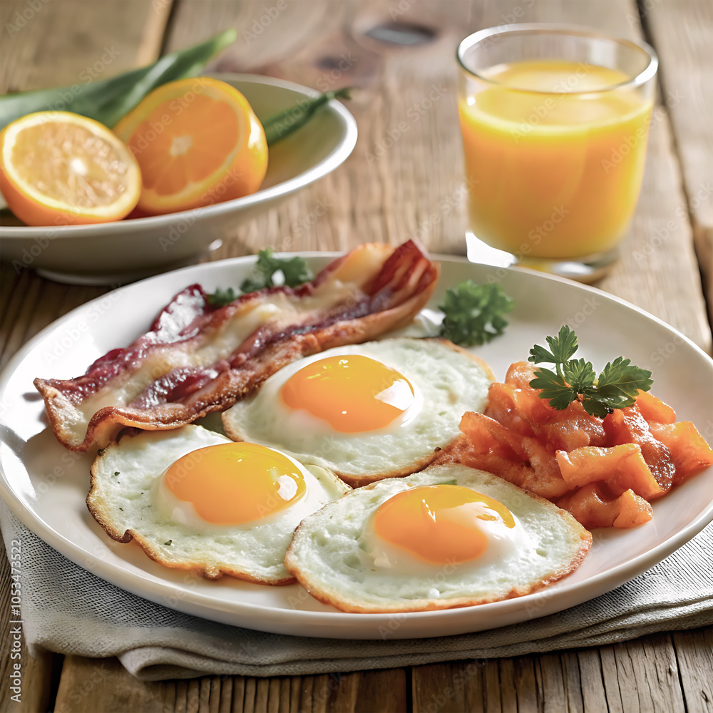 Sizzling Breakfast: Enjoying Fried Eggs with Bacon and Vegetables Sizzling Breakfast: Enjoying Fried Eggs with Bacon and Vegetables