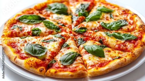 A pizza with basil leaves on top. Generative AI