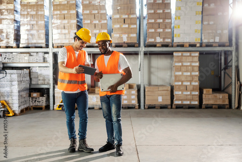 Cuadro en lienzo Two multicultural foreign blue collar workers standing at storage with tablet and smiling at it