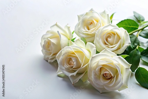 white roses stem green leaves on white background from high angle view