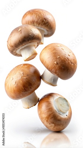 Falling champignons isolated on a white background.