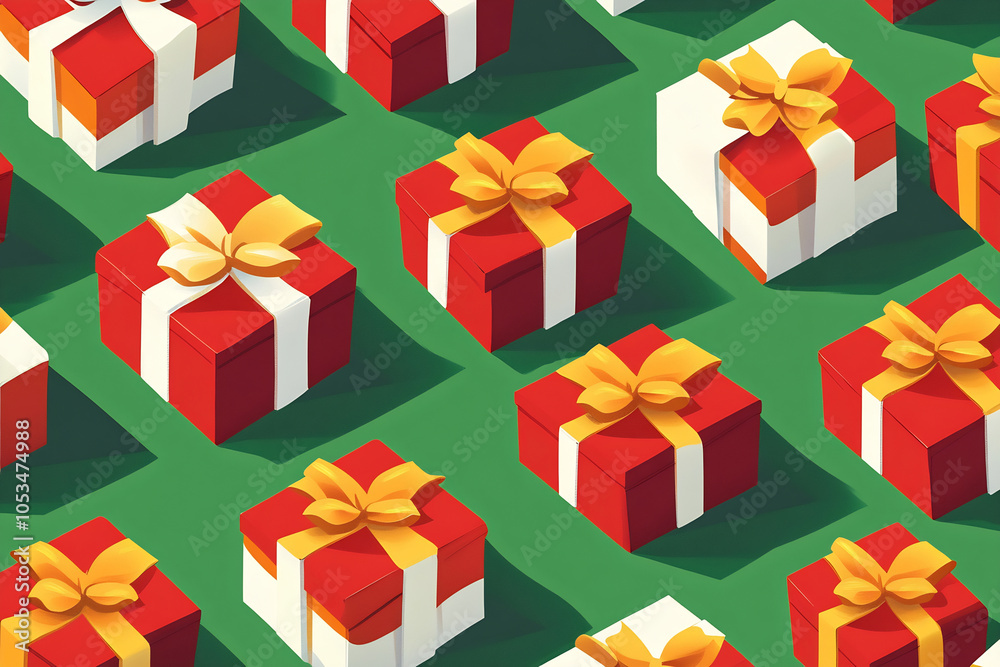 Fototapeta premium A vibrant array of colorful gift boxes with bows arranged on a green surface during festive season preparations
