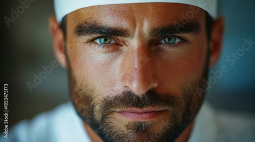 Italian man with a chef's hat, looking concentrated