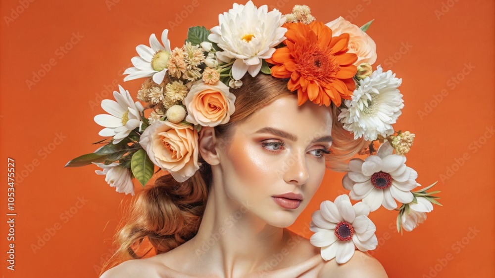 Portrait of a model-looking girl with a wreath of flowers on her head, demonstrating well-groomed hair. Hair care concept, studio photo.