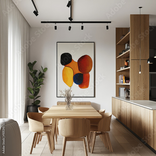 MINIMAL CONTEMPOLARY ARTSY STYLE  peaceful neutral color theme dining and kitchen design with breakfast COUNTER with the pottery on the dining table , WOOD BOOKSHELF AND A WHITE COUCH 	
 photo