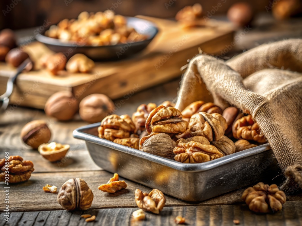 Baking Tray with Raw Peeled Walnuts and Linen Bag on Light Kitchen Background - Macro Tilt-Shift Photography for Food Enthusiasts and Culinary Aesthetics Baking Tray with Raw Peeled Walnuts and Linen Bag on Light Kitchen Background - Macro Tilt-Shift Photography for Food Enthusiasts and Culinary Aesthetics