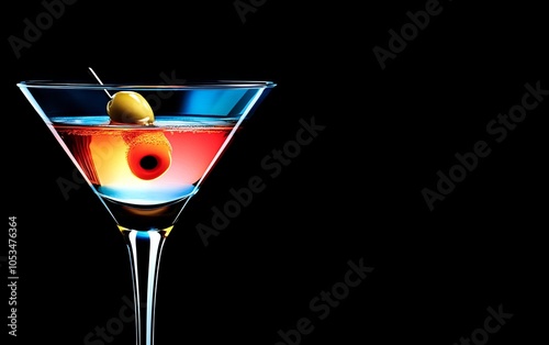 A close-up of a colorful cocktail in a martini glass, featuring an olive garnish. photo