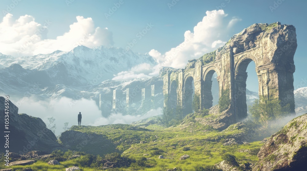 Obraz premium Solitude Amidst Ruins: A solitary figure stands on a verdant cliff, overlooking ancient ruins in a breathtaking mountain landscape. The scene evokes a sense of wonder and contemplation.