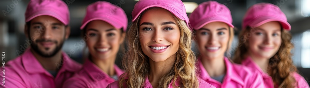 Group of people wearing pink shirts and hats are smiling for the camera. Group of people, diversity, from the same company, people from the industry, white background, sunny light, same uniforms pink Group of people wearing pink shirts and hats are smiling for the camera. Group of people, diversity, from the same company, people from the industry, white background, sunny light, same uniforms pink