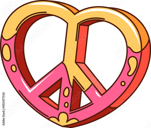 Cartoon groovy valentines day hippie peace sign, love symbol. Isolated vector retro heart badge with psychedelic colors exudes nostalgic 60s and 70s vibe. Symbol of love, peace and romantic vibes