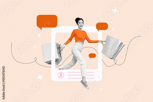 Composite artwork collage of app image frame blogger like profile summer vacation young woman walk hold bag sale promotion speech cloud