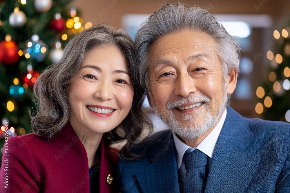 Man and woman are smiling and laughing together. They are dressed in festive clothing. happiness cheerful asian old senior retired marry couple enjoy happiness family night on christmas Man and woman are smiling and laughing together. They are dressed in festive clothing. happiness cheerful asian old senior retired marry couple enjoy happiness family night on christmas