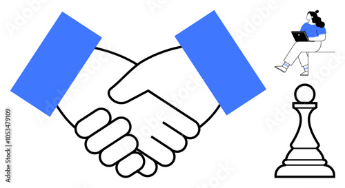 Handshake symbolizing business agreement, woman working on laptop, and chess pawn. Ideal for business deals, remote work, strategy, collaboration, teamwork, planning, and negotiation. Line metaphor