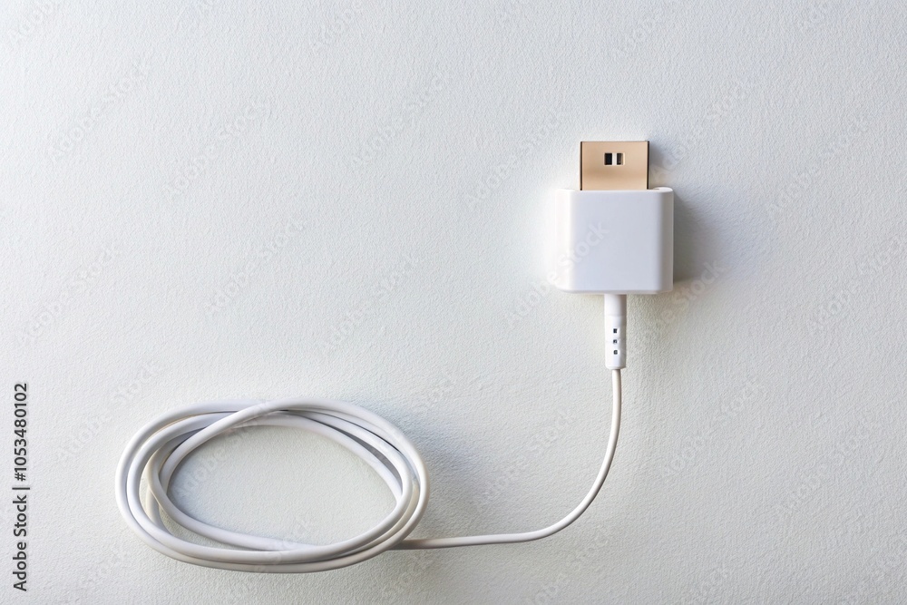 Fototapeta premium White wall background with charging cable and power adapter