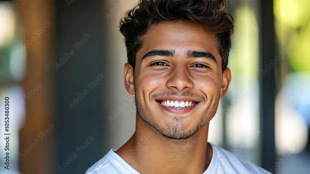 A young man with dark hair and a white t-shirt smiles broadly for the camera outside A young man with dark hair and a white t-shirt smiles broadly for the camera outside