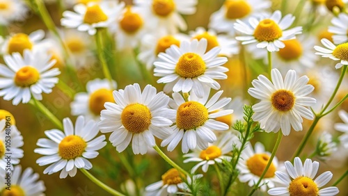 White wild chamomile (Tanacetum parthenium) feverfew flowers on a floral background from a high angle view