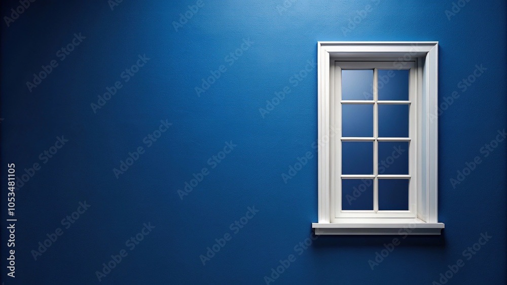 White window on dark blue wall, facade view White window on dark blue wall, facade view