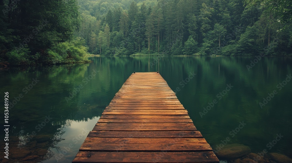 Rustic wooden dock extending into a lake Rustic wooden dock extending into a lake