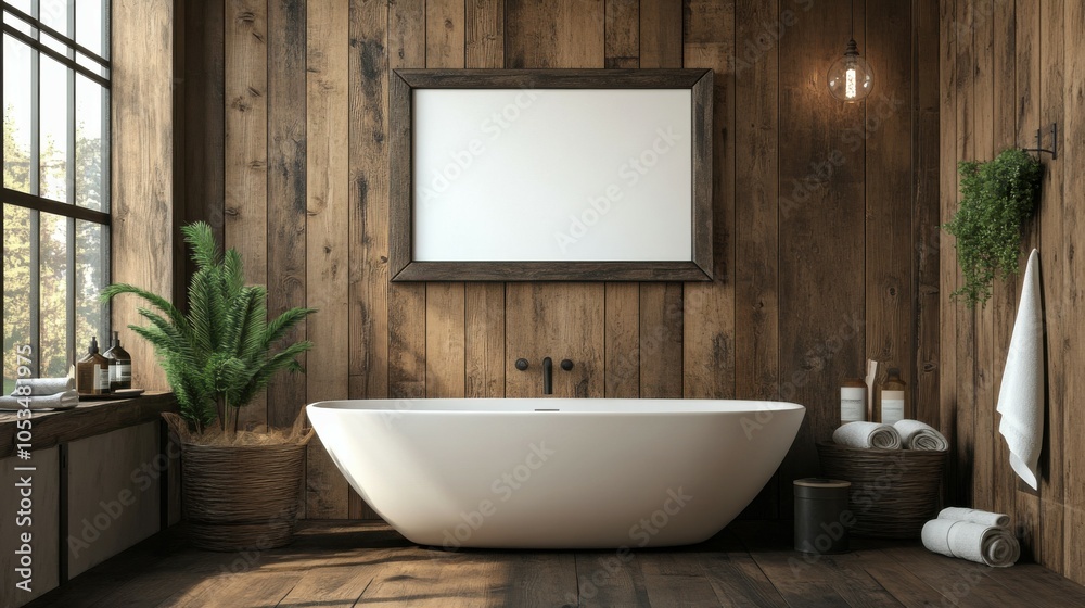 Rustic bathroom with a blank frame above the sink Rustic bathroom with a blank frame above the sink