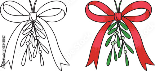 Hand drawn Christmas red bow ribbon with mistletoe branches with editable line thicknes. Vector illustration.