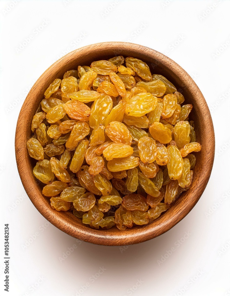 Golden raisins in a wooden bowl from above, isolated on a transparent background, perfect for food marketing, culinary visuals, and healthy snack promotions Golden raisins in a wooden bowl from above, isolated on a transparent background, perfect for food marketing, culinary visuals, and healthy snack promotions