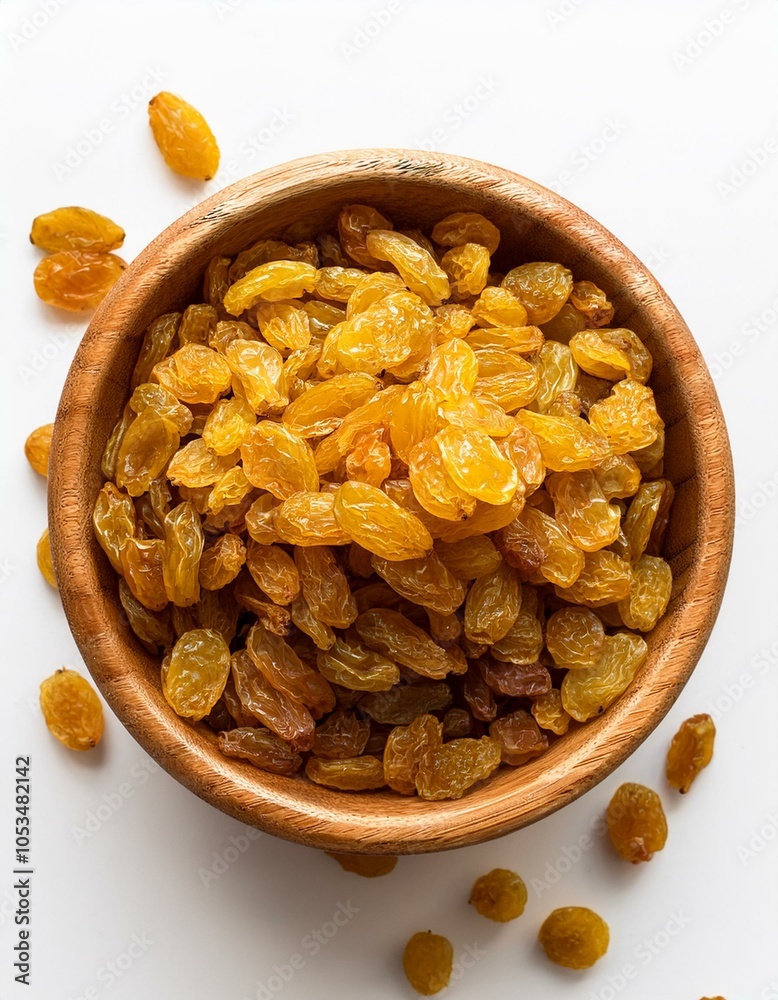 Golden raisins in a wooden bowl from above, isolated on a transparent background, perfect for food marketing, culinary visuals, and healthy snack promotions Golden raisins in a wooden bowl from above, isolated on a transparent background, perfect for food marketing, culinary visuals, and healthy snack promotions