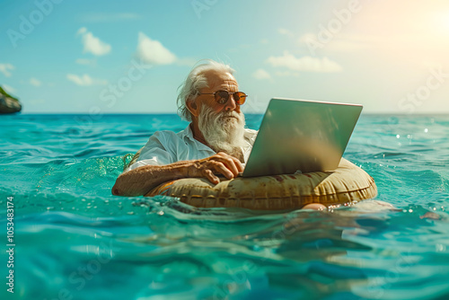 grandfather gentleman senior in sunglasses and a panama hat with laptop swims on a ring in the sea