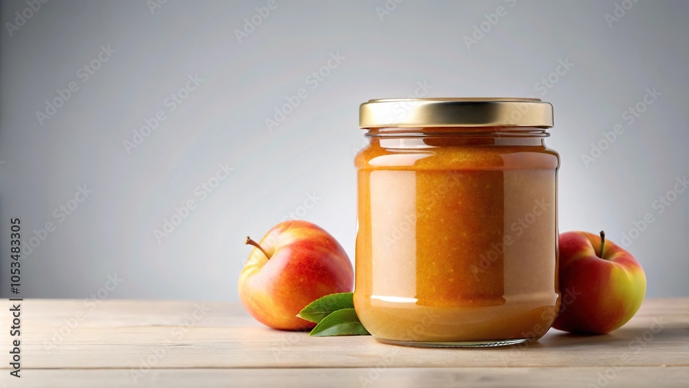 Wide angle mockup of peach jam jar with blank label and peaches on plain background Wide angle mockup of peach jam jar with blank label and peaches on plain background
