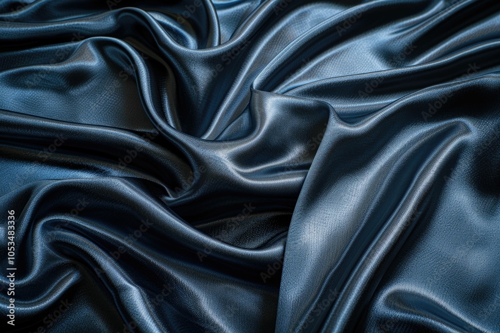 Close up of a dark blue  smooth  silky fabric folded and draped.