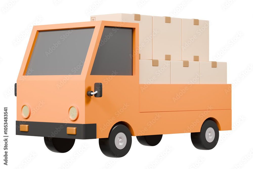 Obraz premium 3D Truck delivery back rack contain parcel box or cardboard icon. Minimal Cartoon Logistic Truck shipping delivery service isolated on orange background. Online shopping, E-commerce concept. 3d render