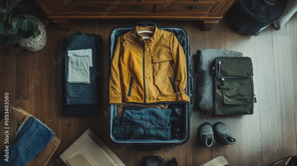 Clothes and shoes are neatly arranged in an open suitcase, indicating preparations for a weekend trip. The cozy indoor atmosphere features wooden furniture and soft lighting Clothes and shoes are neatly arranged in an open suitcase, indicating preparations for a weekend trip. The cozy indoor atmosphere features wooden furniture and soft lighting