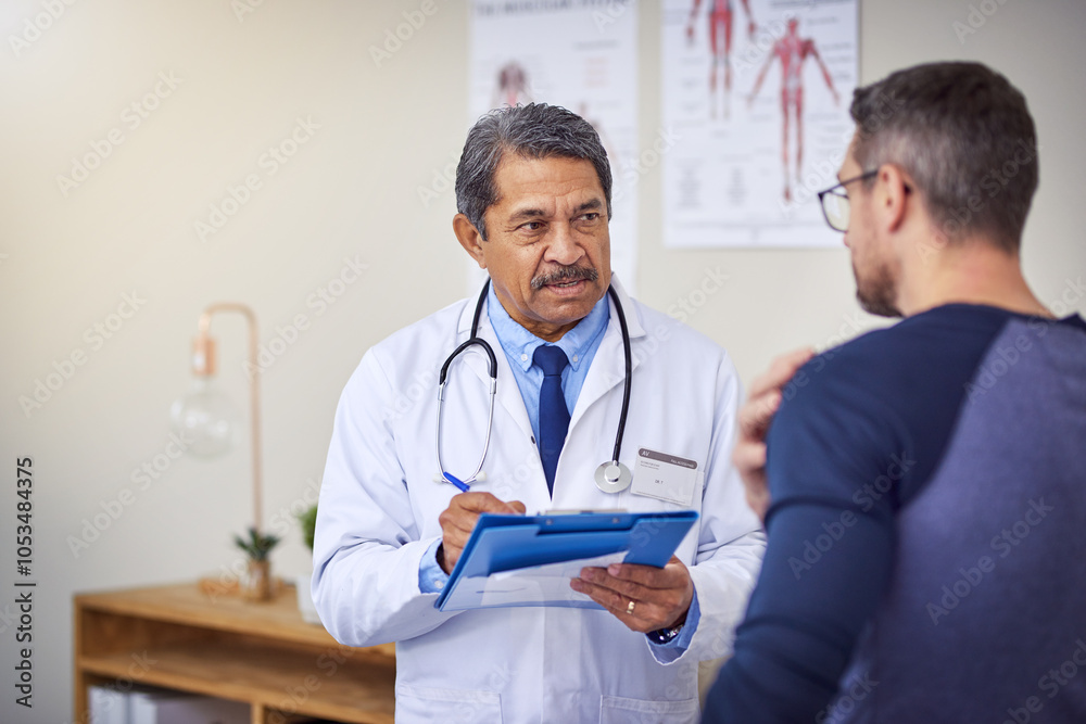 Hospital, consulting and doctor with man and clipboard for medical aid, health insurance and diagnosis. Healthcare, clinic and person and patient for prescription, help and service for shoulder pain Hospital, consulting and doctor with man and clipboard for medical aid, health insurance and diagnosis. Healthcare, clinic and person and patient for prescription, help and service for shoulder pain