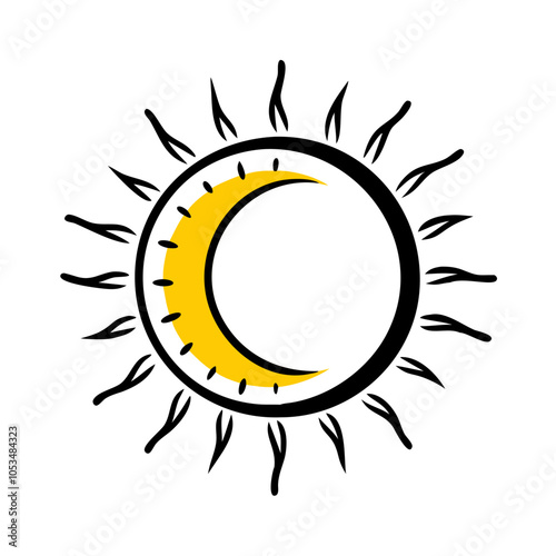 The stylized sun and moon design features bright yellow and contrasting black outlines, representing the celestial harmony of an eclipse