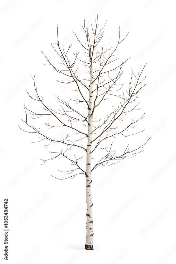 Summer green birch tree, isolated cutout object on white background	
